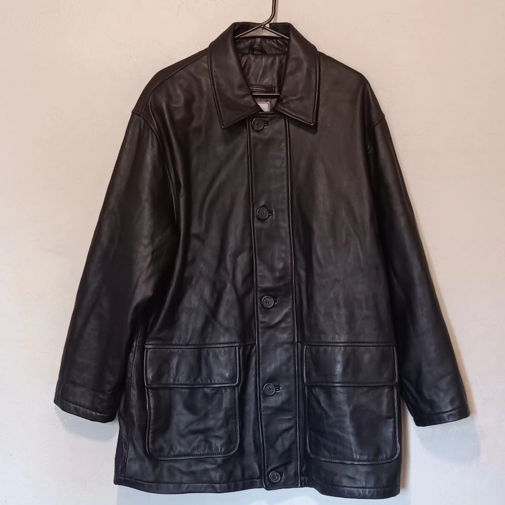 HATHAWAY‎ Men 100% Leather Jacket Coat Black SzL Vintage Zip And Button